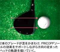 2本のブレードが芝をかきわけ、FRICOFFソールの効果をサポートしながら方向の定まったヘッドの軌跡を描いていく。